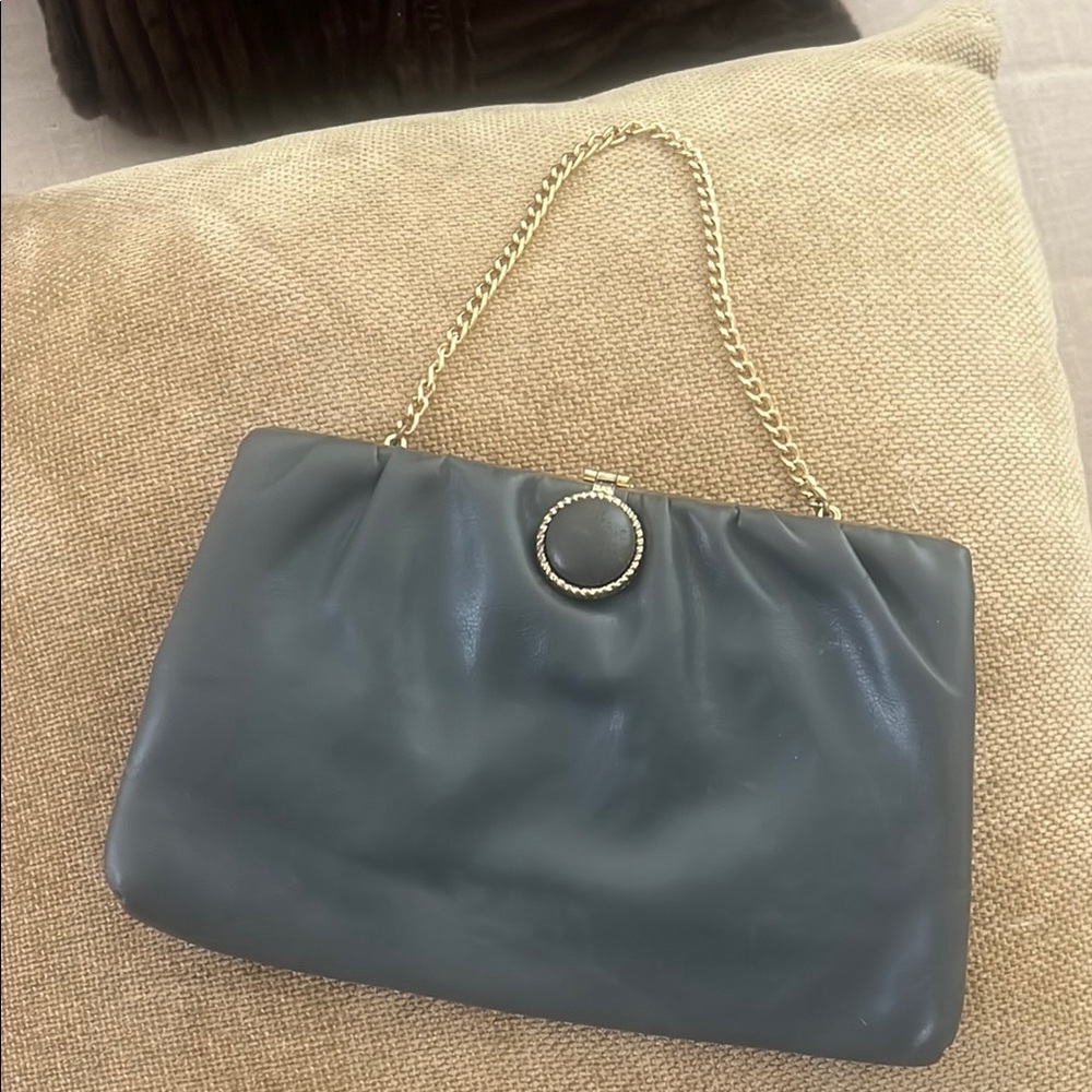 Vintage Leather Clutch Snap Evening Bag with Gold Chain